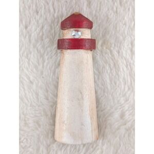 Handmade‎ Wooden Lighthouse Brooch Red White AB Rhinestone Matthew 5:16 Pin